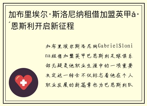 加布里埃尔·斯洛尼纳租借加盟英甲巴恩斯利开启新征程